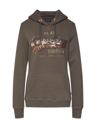Superdry Bluză de molton 'V LOGO OMBRE SEQUIN ENTRY HOOD'  kaki