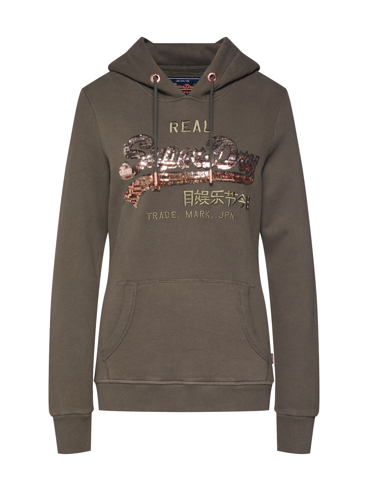 Superdry Bluză de molton 'V LOGO OMBRE SEQUIN ENTRY HOOD' kaki
