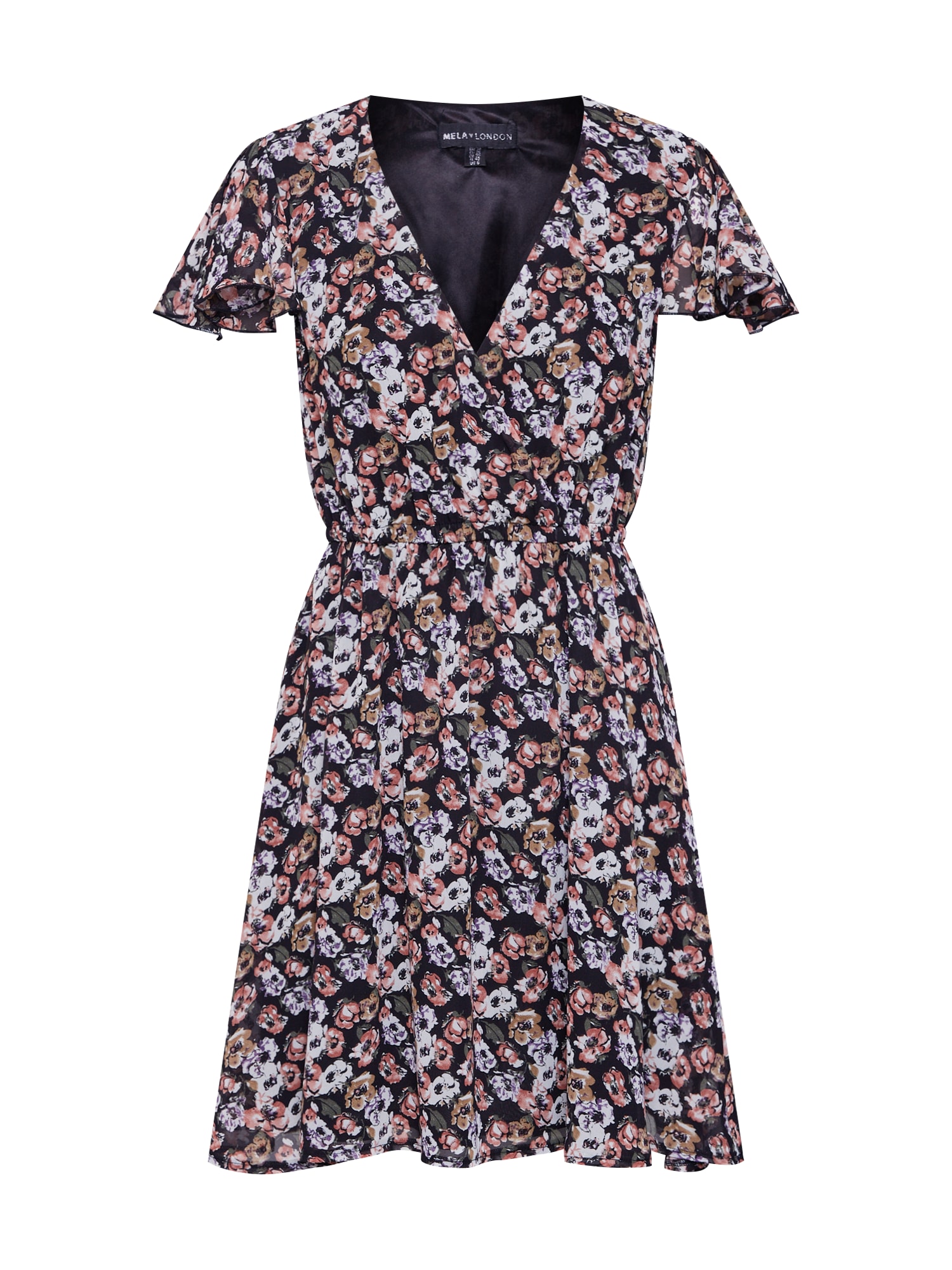 Mela London Rochie 'WRAP FRONT COLLAGE FLOWER DRESS'  negru