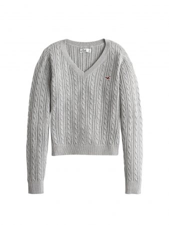 HOLLISTER Pulover 'XM19-INTL CABLE VNECK OCT 1 UPDATE 3CC'  gri
