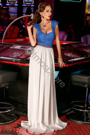 Rochie lunga matase gri si dantela albastra Rn 889