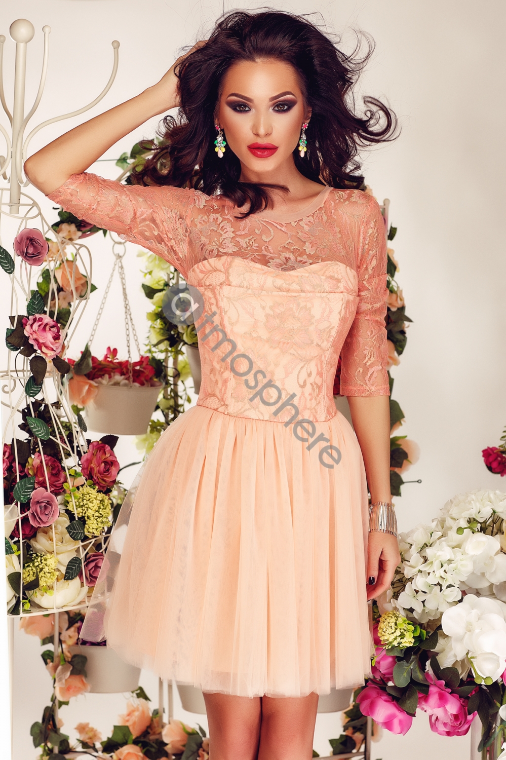 Rochie baby-doll dantela si tul somon Rn 586