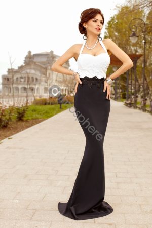 Rochie lunga dantela alba si bistrech negru Rn 713