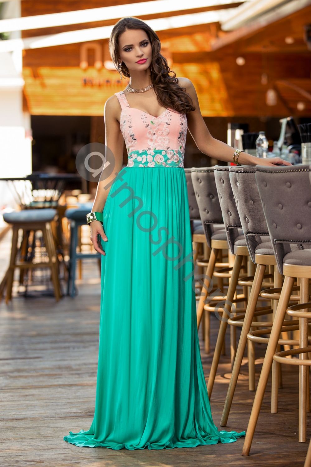 Rochie lunga lycra verde si dantela rose Rn 870