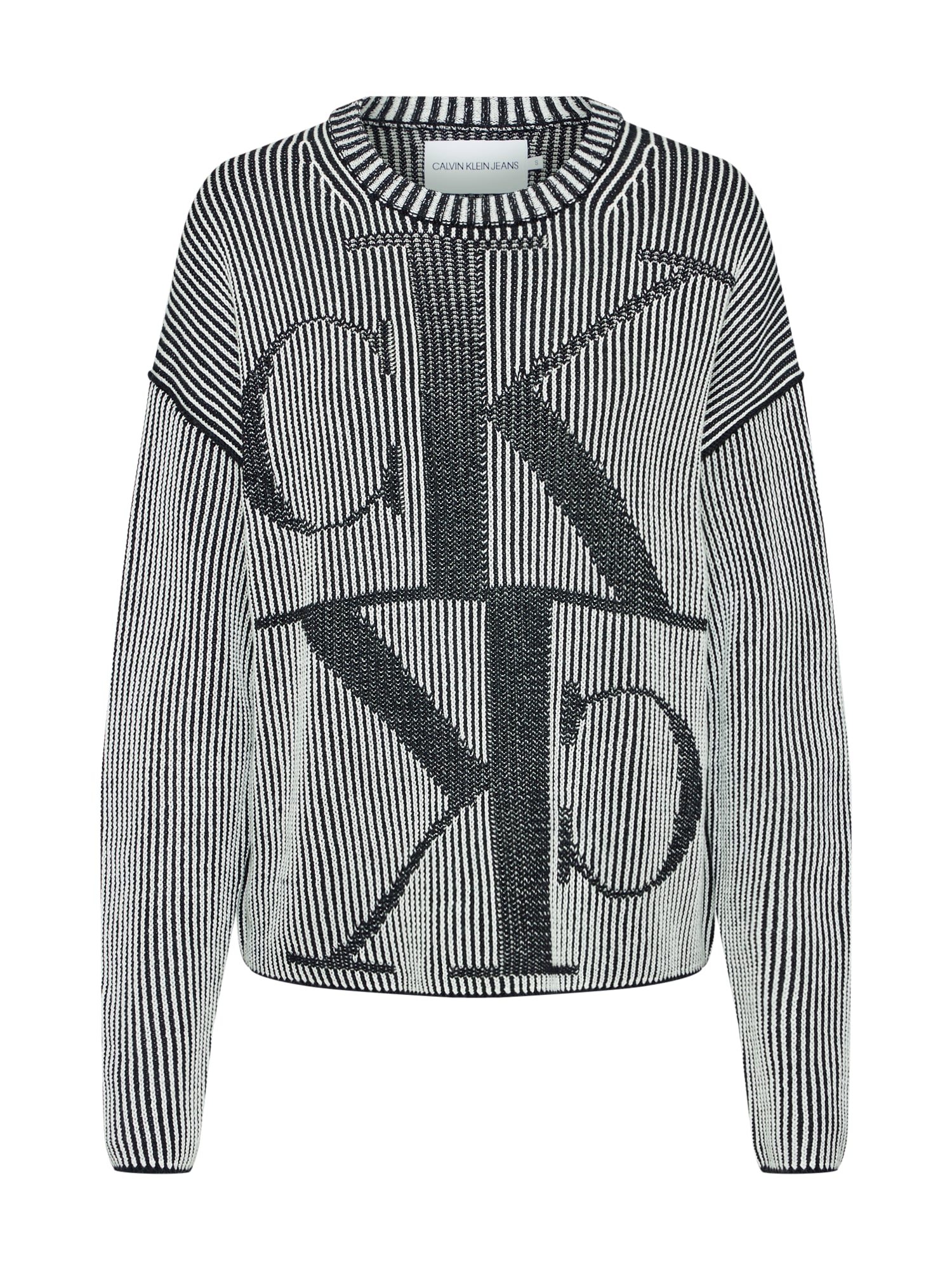 Calvin Klein Jeans Pulover 'MIRRORED MONOGRAM CK CN'  gri / negru / alb