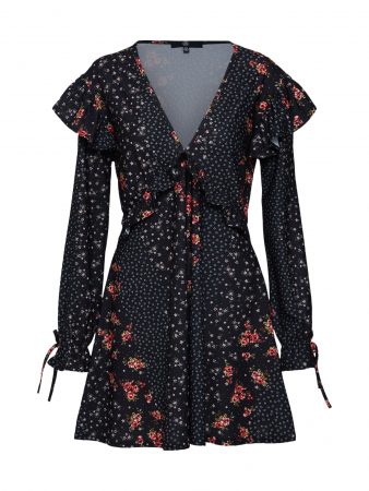 Missguided Rochie 'Ditsy Floral Frill'  negru / alb natural