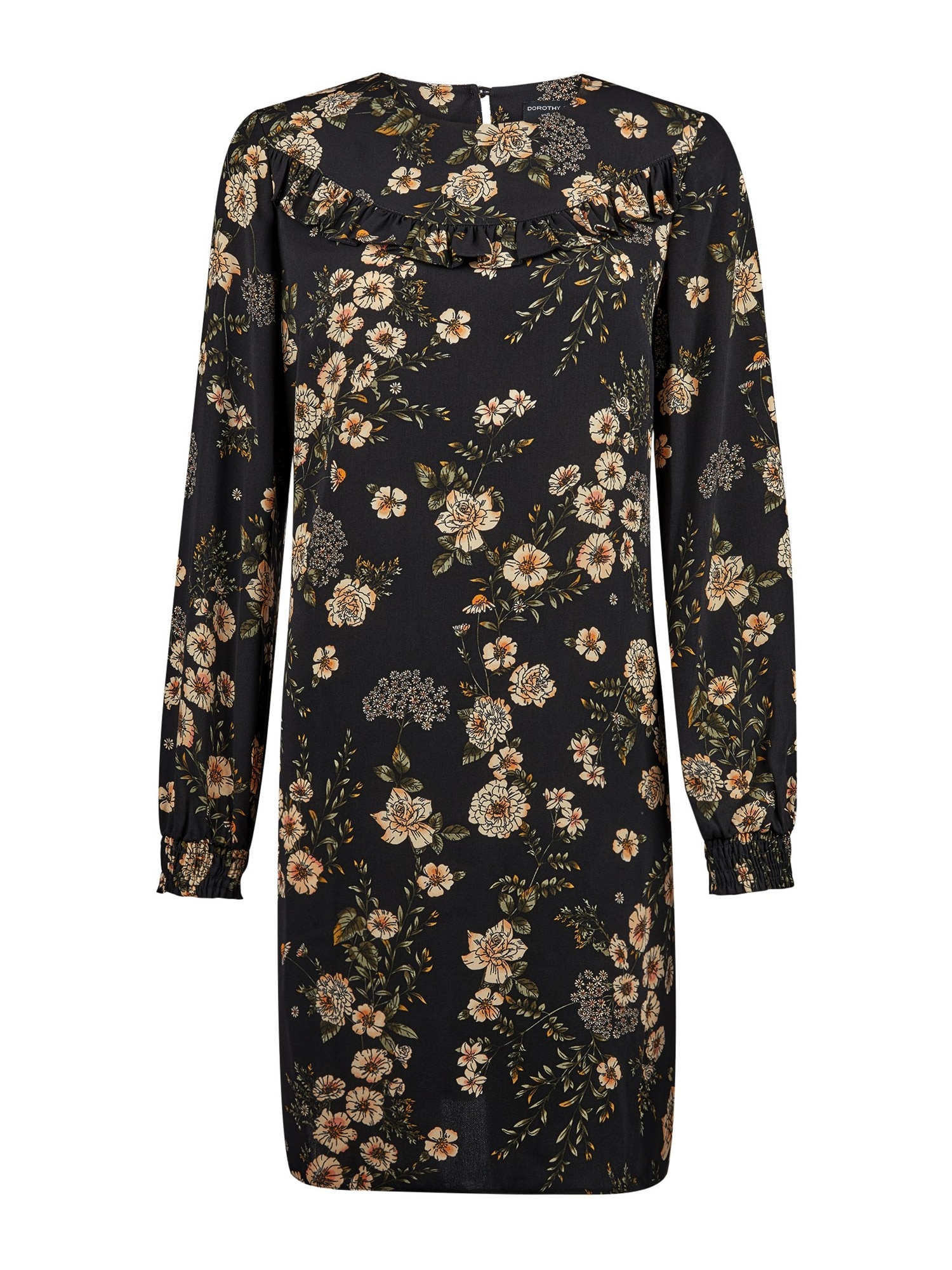 Dorothy Perkins Rochie 'BLACK FLORAL RUFFLE LONG SLEEVE SHIFT DRESS'  negru
