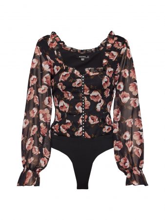 Missguided Tricou 'Floral Square Neck Puff Sleeved Bodysuit'  negru