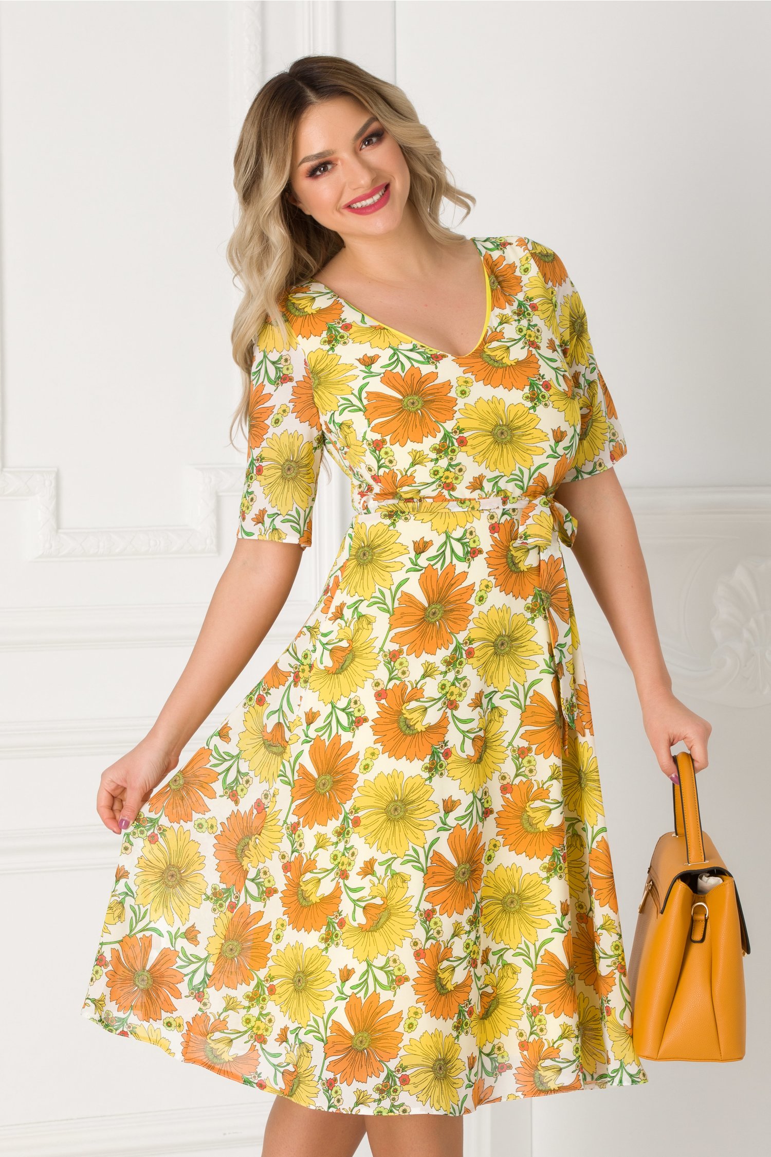 Rochie Alma ivoire cu imprimeu floral galben
