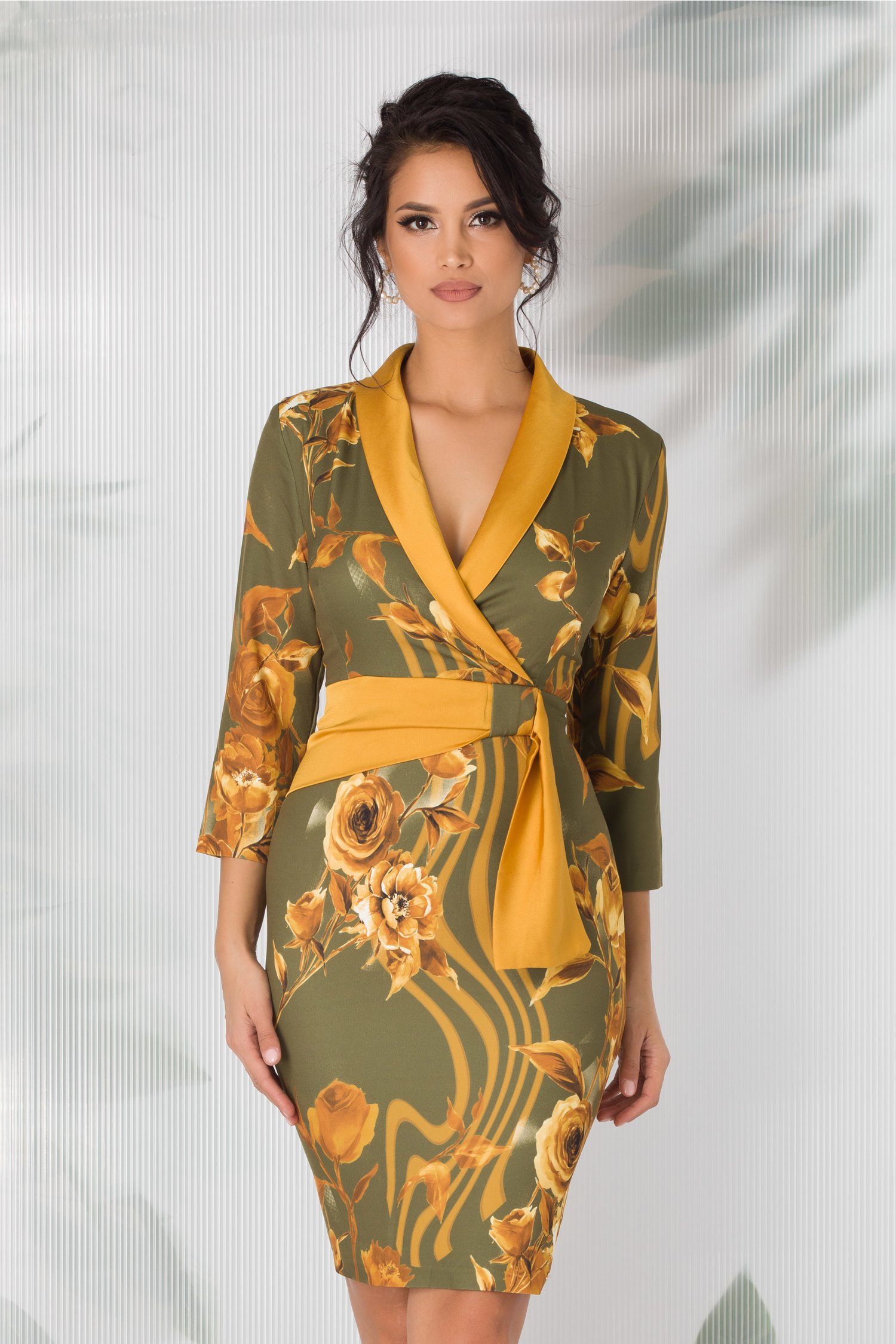 Rochie Anaya kaki cu imprimeu floral galben mustar