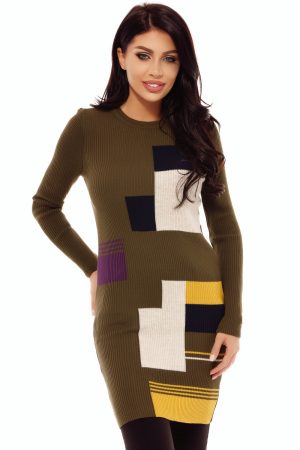 Rochie casual tricot kaki cu patrate multicolore Tr 2054k