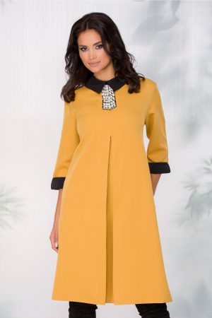 Rochie Chloe galben mustar evazata cu perlute la bust