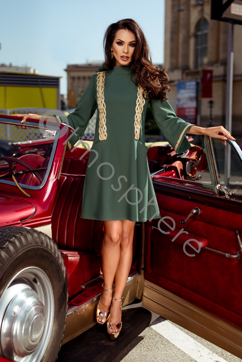 Rochie kaki cu broderie aurie Rn 1462