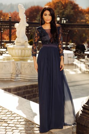 Rochie lunga bleumarin cu bust din dantela Rn 2107