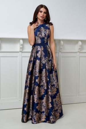 Rochie lunga brocard bleumarin cu imprimeu floral Rn 2606