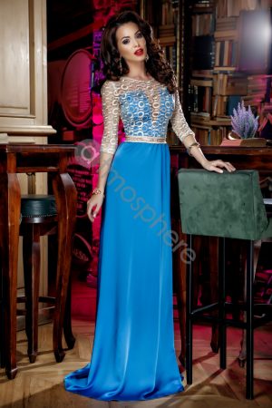 Rochie lunga broderie aurie si matase albastra Rn 176a