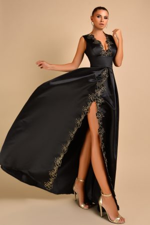 Rochie lunga din tafta neagra cu broderie RN 2513