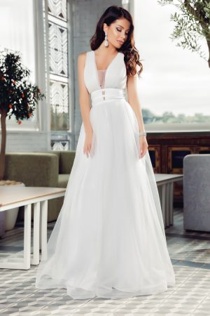 Rochie lunga eleganta din tul alb cu sclipici Rn 1733a