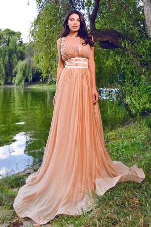 Rochie lunga eleganta din tul bej cu fir lame Rn 2483