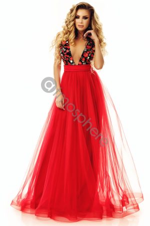 Rochie lunga eleganta din tul rosu si dantela bust Rn 1700
