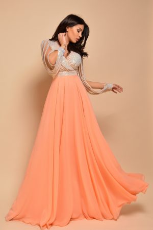 Rochie lunga eleganta somon cu bust paiete RN 2523