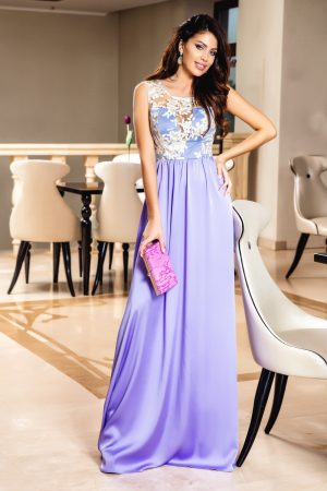 Rochie lunga lila cu dantela la bust Rn 1885l