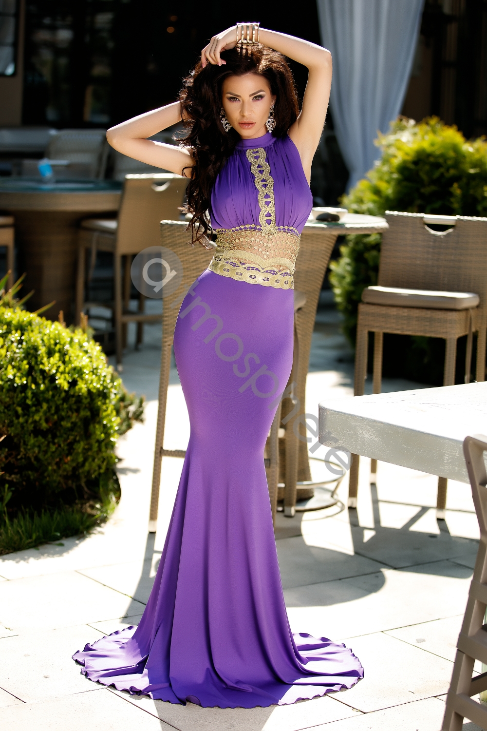 Rochie lunga lycra mov cu broderie aurie in talie Rn 1204