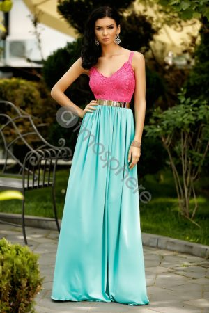 Rochie lunga lycra turquoise cu dantela ciclam Rn 1238