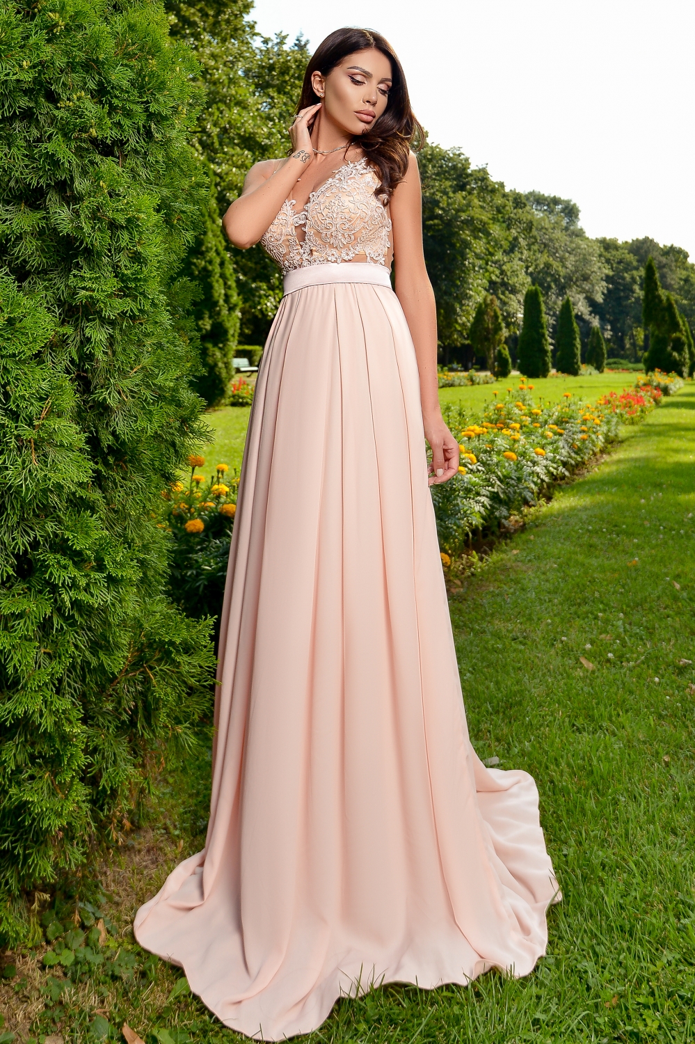 Rochie lunga rose cu bust dantela aplicata RN 2344rz