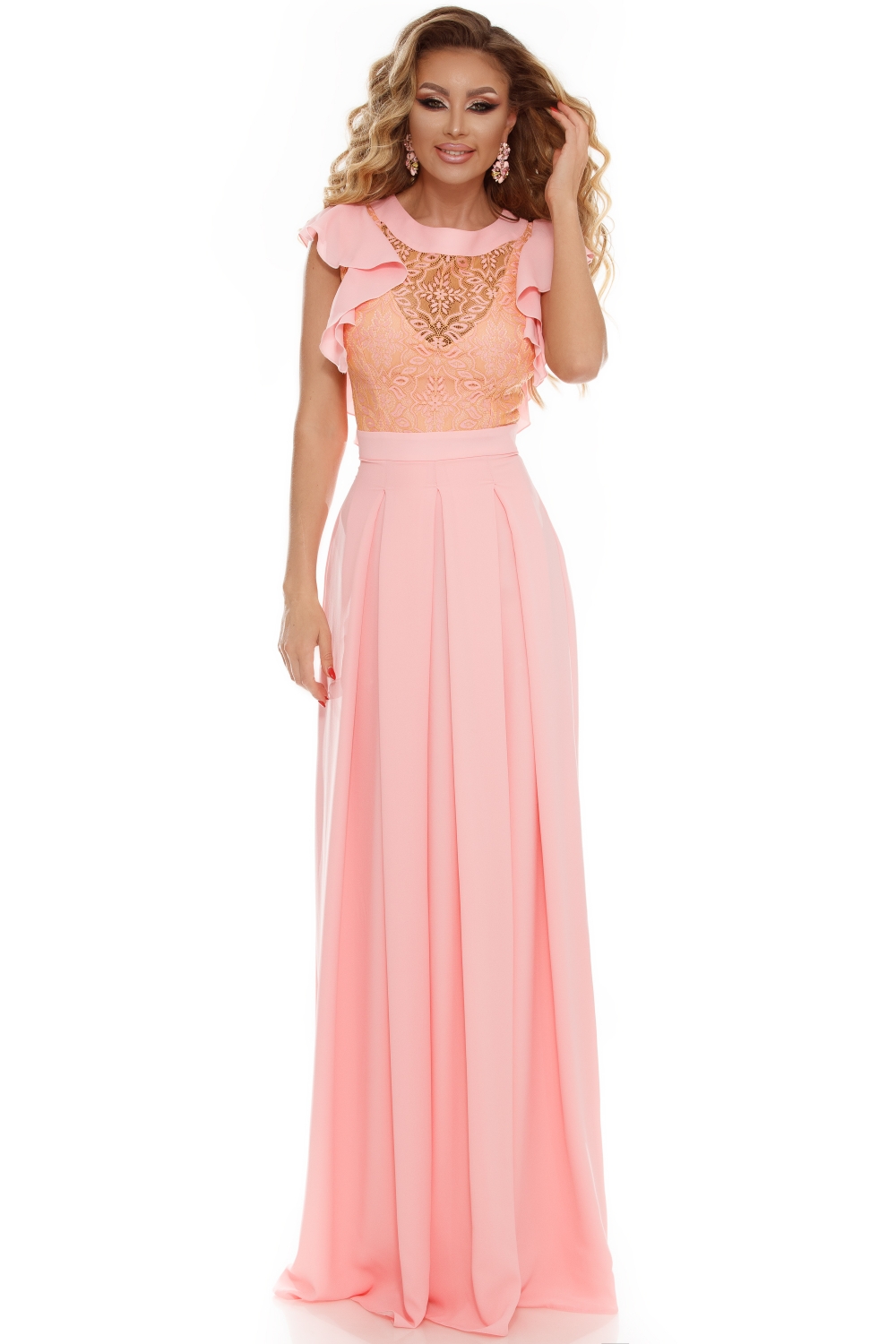 Rochie lunga rose cu dantela somon la bust Rn 1763