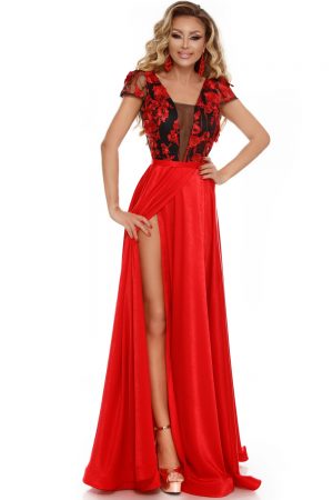 Rochie lunga rosie cu dantela 3D bust Rn 1760