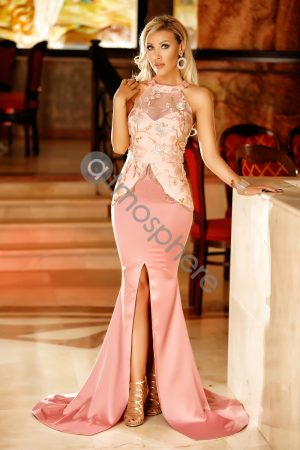 Rochie lunga saten rose si dantela Rn 1323
