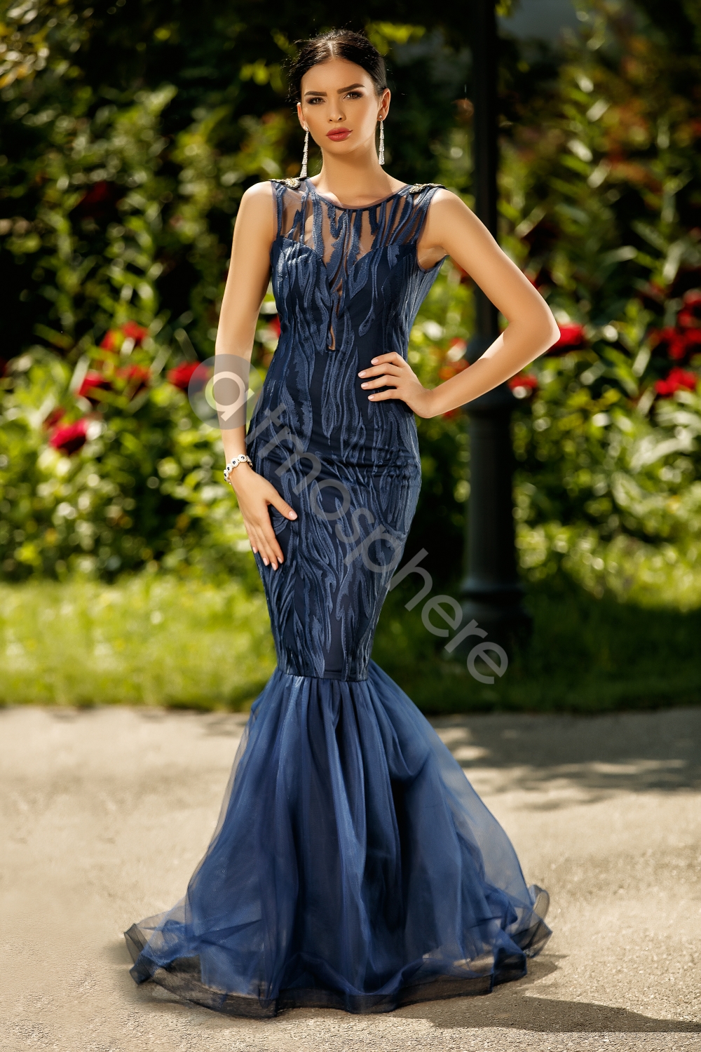 Rochie lunga sirena din dantela bleumarin Rn 1295