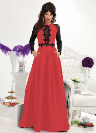 Rochie lunga tafta bordo si broderie neagra Rn 1600b