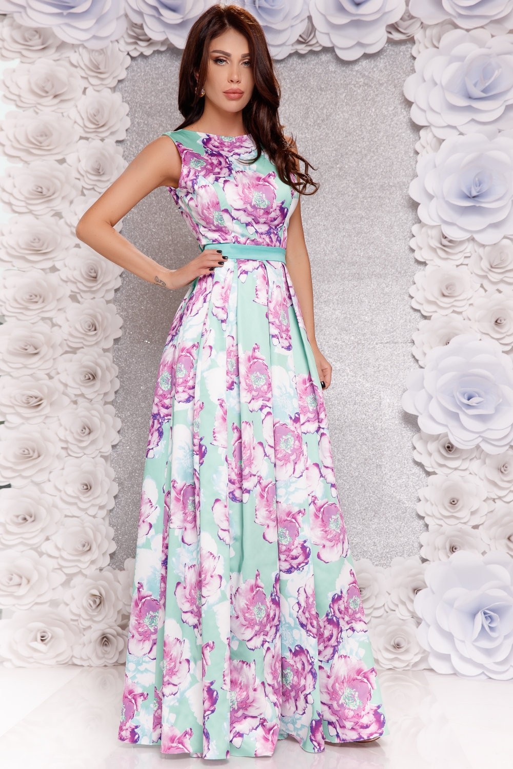 Rochie lunga tafta imprimeu floral lila Rn 1709l