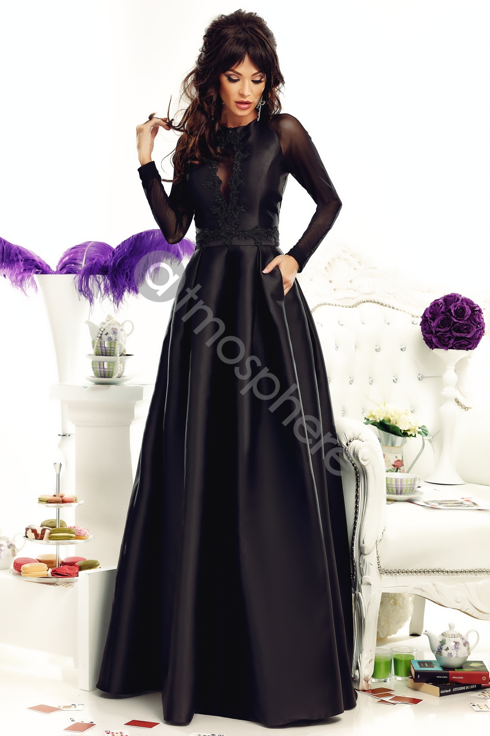 Rochie lunga tafta neagra si broderie Rn 1600