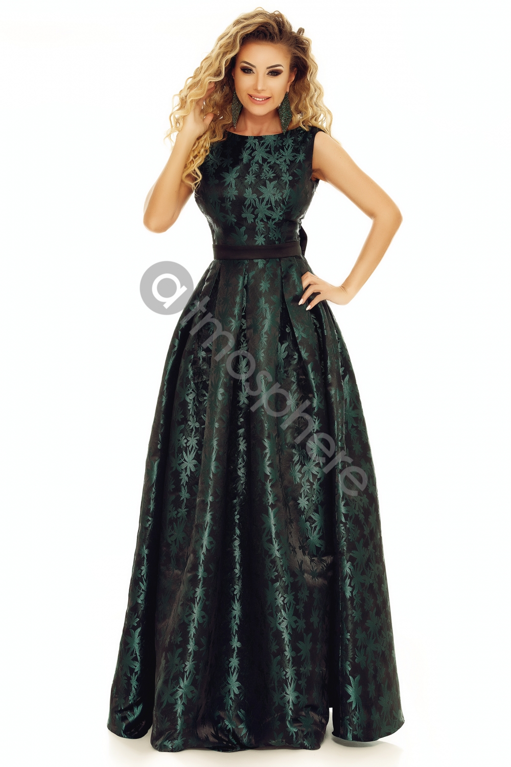 Rochie lunga tafta negru cu verde Rn 1709