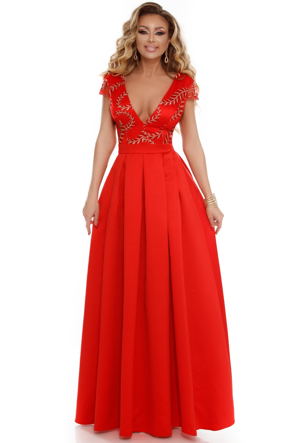 Rochie lunga tafta rosie si broderie aurie Rn 1761