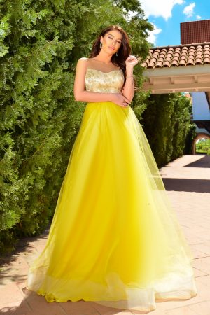 Rochie lunga tul galben cu dantela la bust Rn 1766g