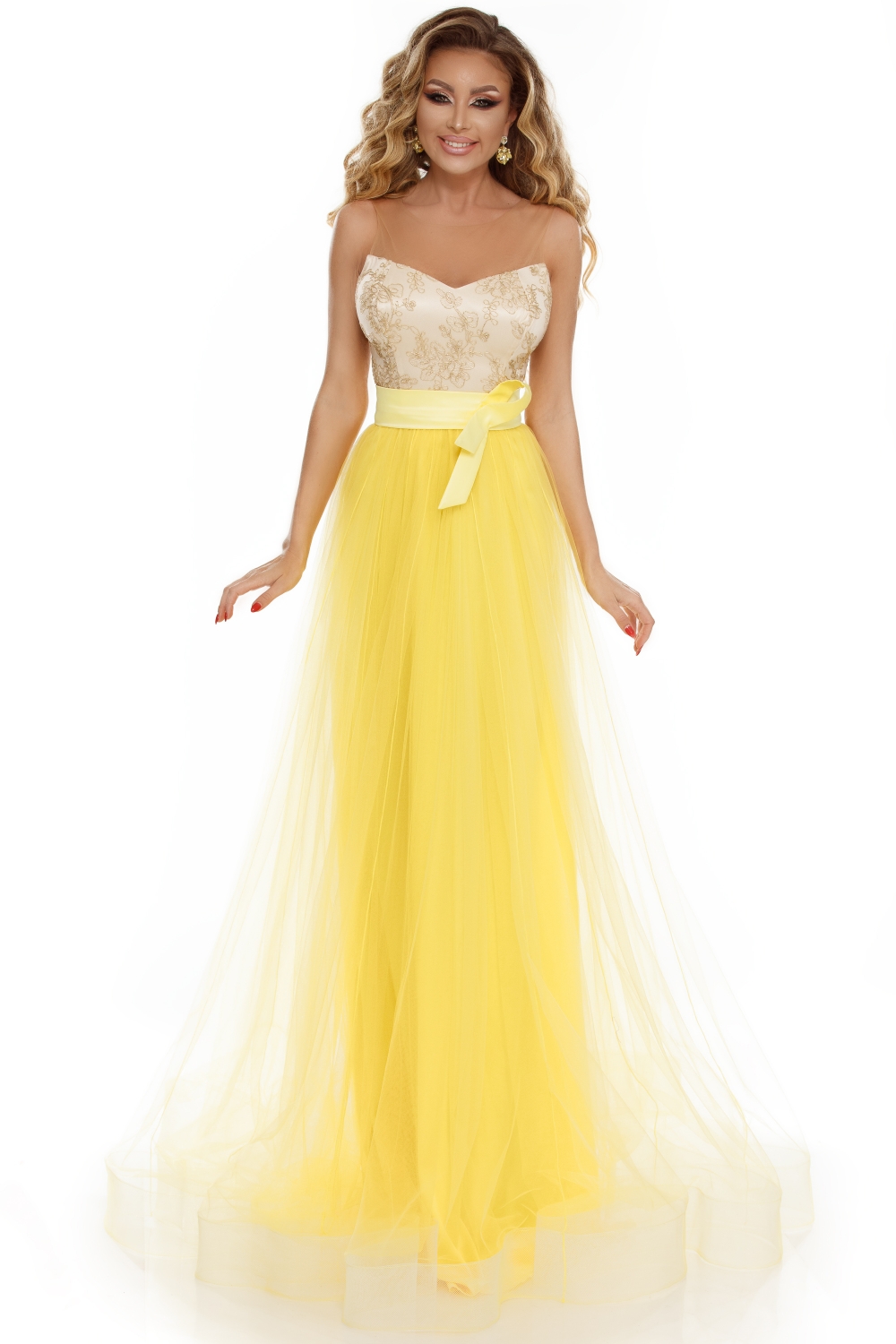 Rochie lunga tul galben cu dantela la bust Rn 1766