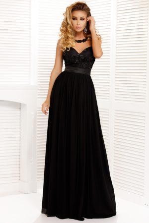 Rochie lunga tul negru cu dantela la bust Rn 1793
