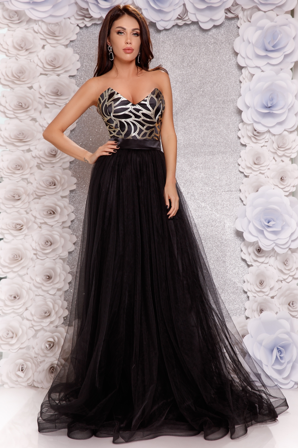 Rochie lunga tul negru cu tafta la bust Rn 1801