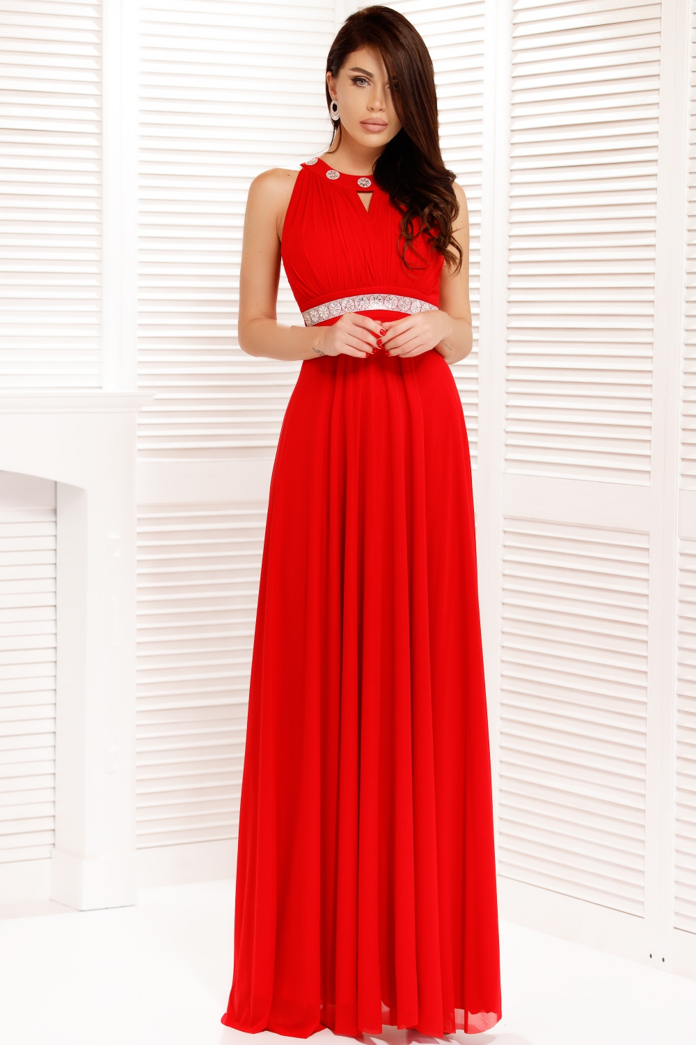 Rochie lunga tul rosu si centura cu strasuri in talie Rn 1789