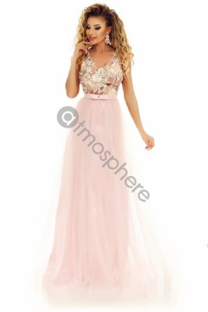 Rochie lunga tul roz cu broderie la bust Rn 1710