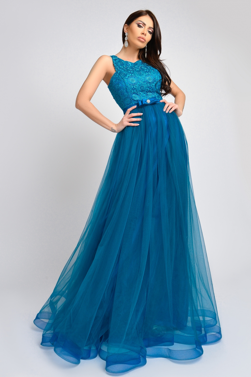 Rochie lunga turquoise cu dantela la bust Rn 2323