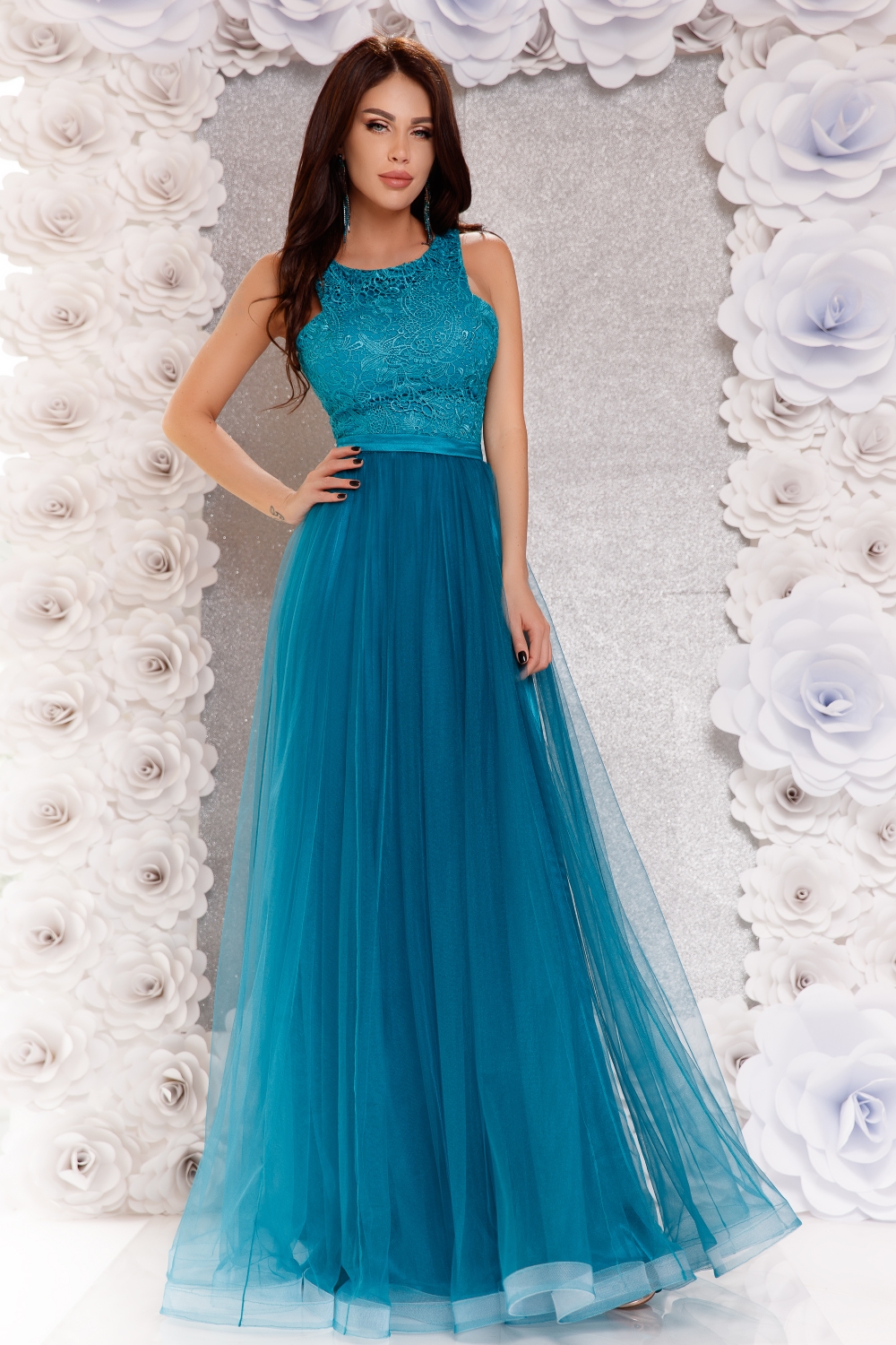Rochie lunga turquoise cu dantela la bust Rn 1738t