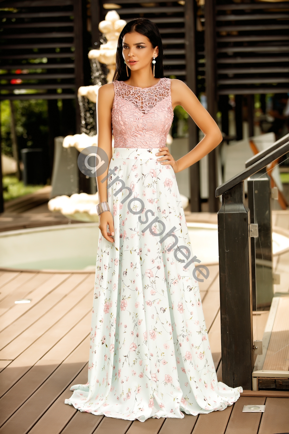 Rochie lunga voal bleu si dantela roz Rn 1374