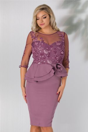 Rochie MBG lila cu broderie catifelata cu paiete si peplum in talie