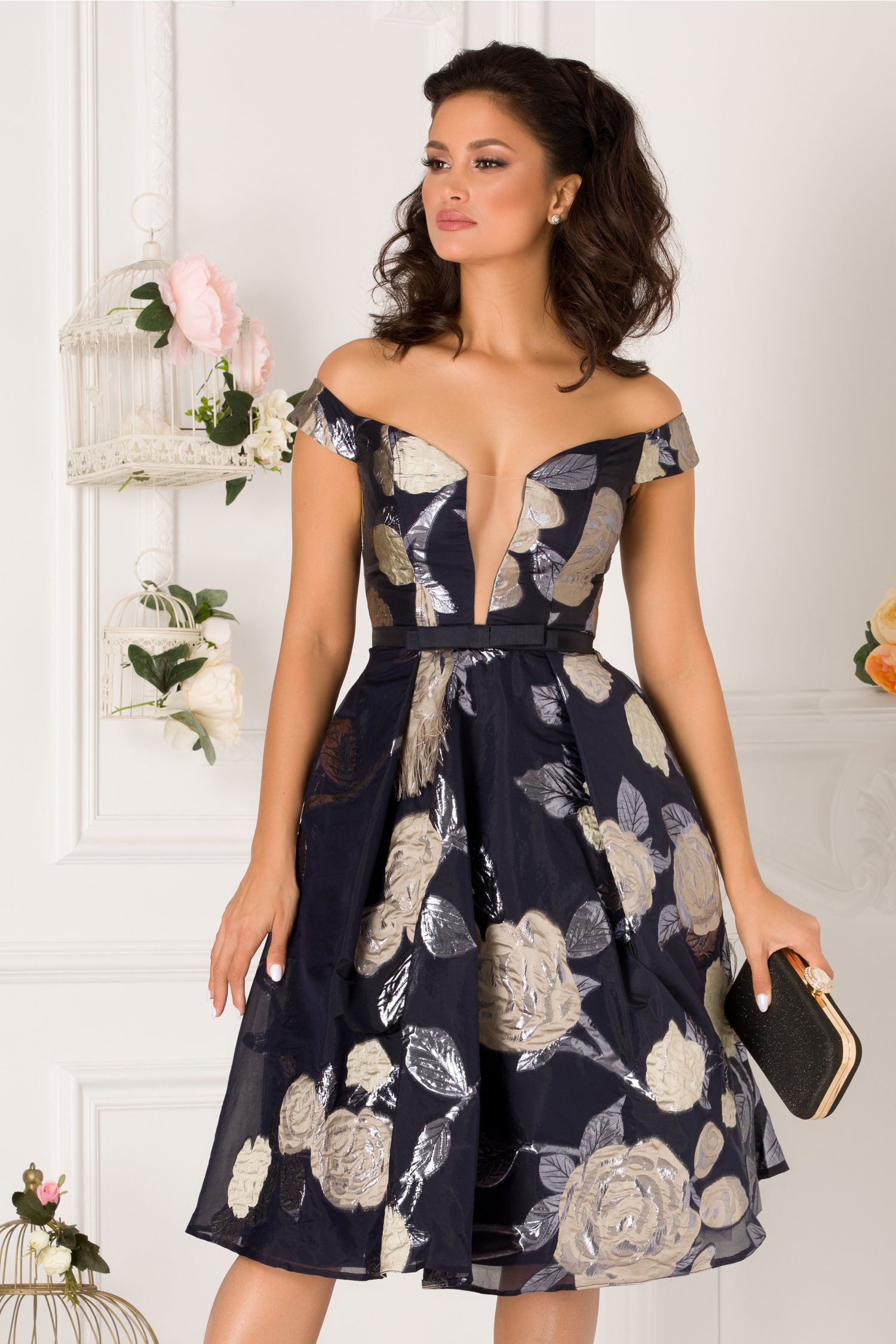 Rochie MBG Tamara din organza bleumarin cu detalii florale