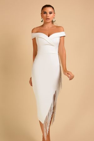 Rochie midi alba cu franjuri Rn 2521